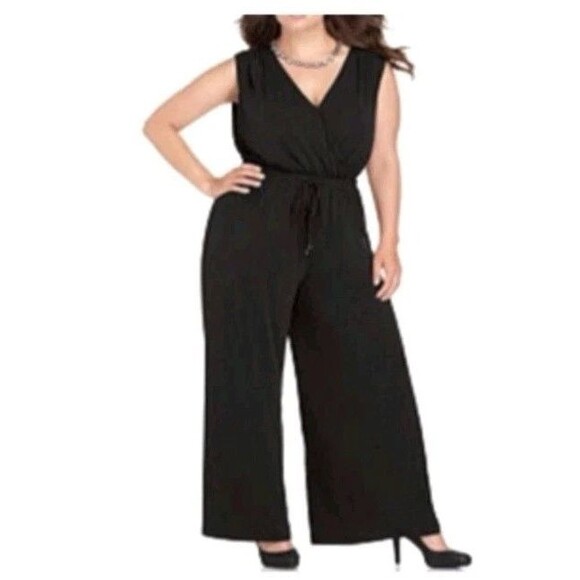 Spense Women's Romper Size 14 Black Wide Leg Jumpsuit Stretch Drawstring Waist - Picture 1 of 13